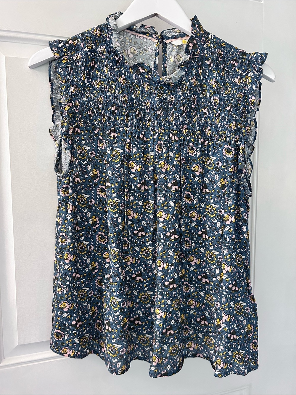 Boden Teal Floral Smocked Short Sleeve Top